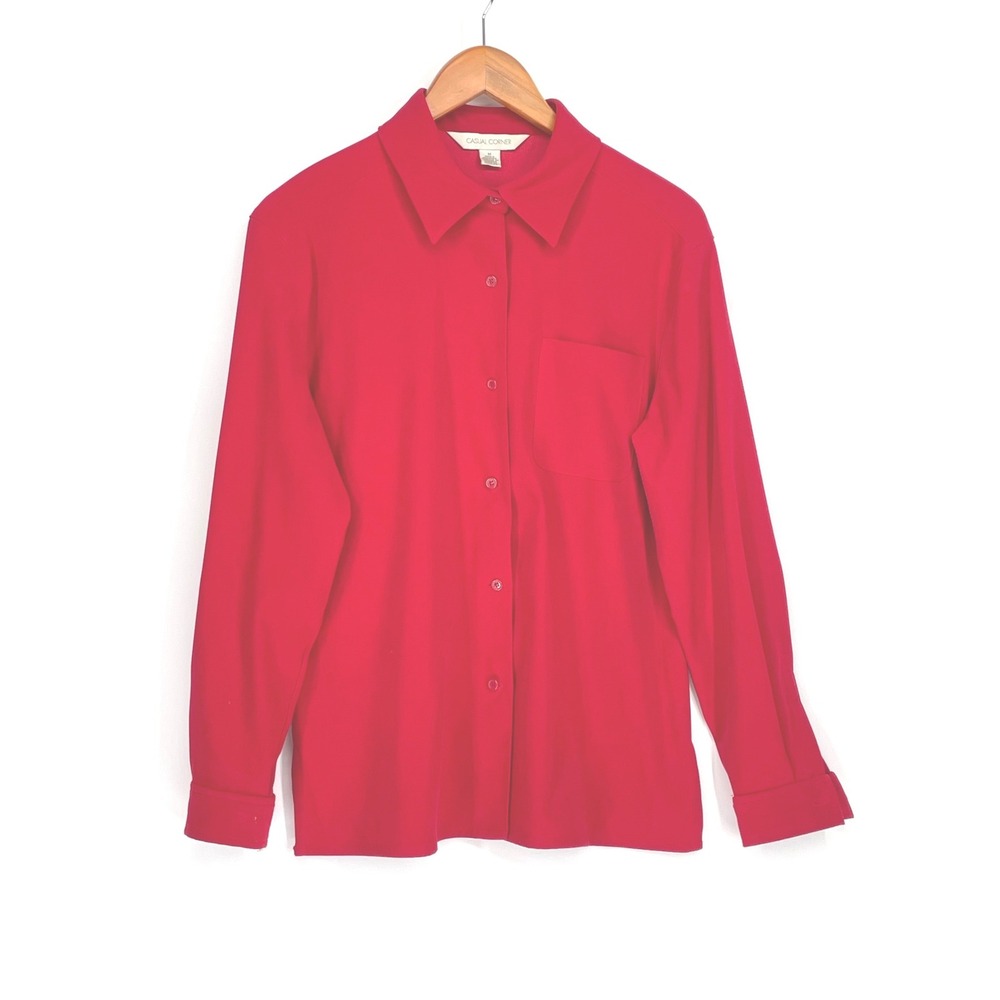 Vintage Casual Corner Women Shirt M Button UP Red Long Sleeve Pocket Top Chic